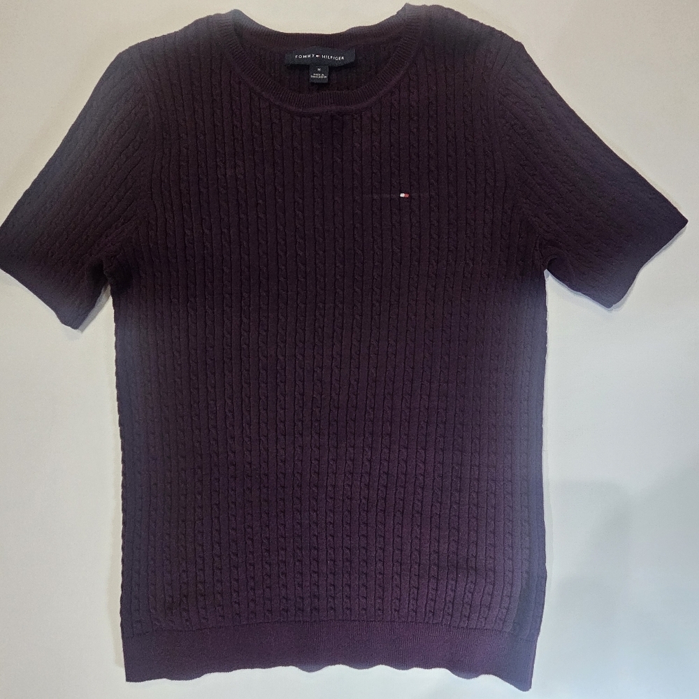 Tommy Hilfiger Short Sleeve Sweater Womens Medium Purple Cable Knit 90s Designer